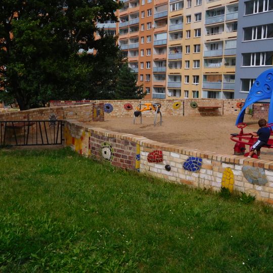 Mosaic wall of playground at Bronzová