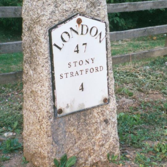 Milestone, Watling Street; Shenley Lodge, at jct with Kelvin Drive, N of Chaffron Way roundabout