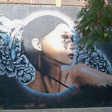 Mural representando el rostro de una mujer de perfil sobre fondo negro y un halo azul. La imagen de la mujer va adornada con flores y una peineta en forma de grafiti.