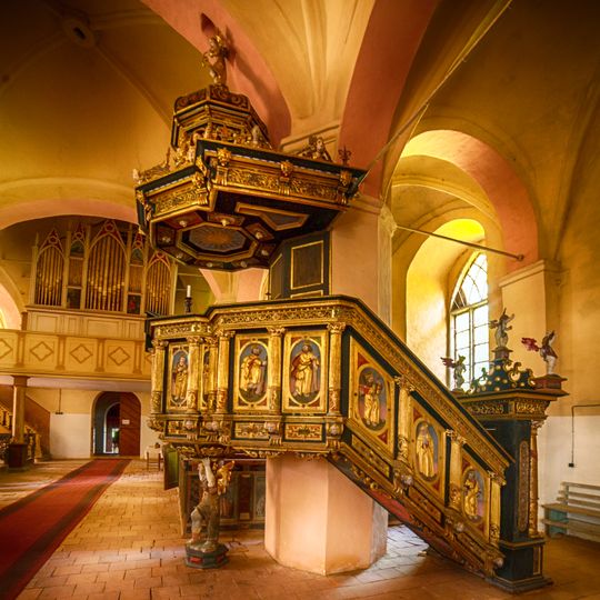 Pulpit of Lutheran church in Zlēkas